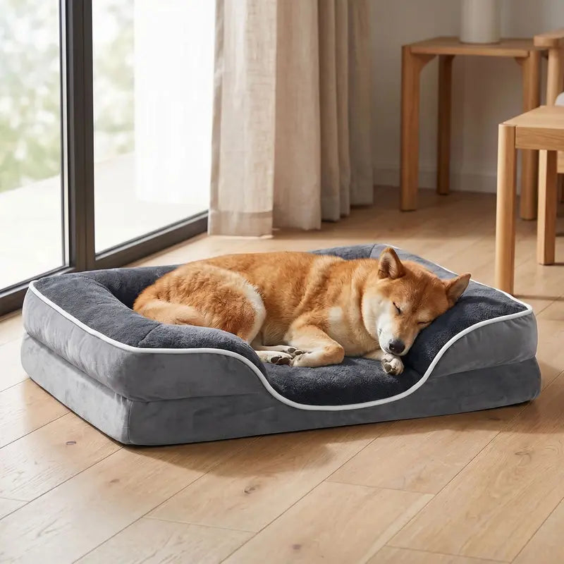 Sweetcrispy Large Orthopedic Memory Foam Dog Sofa Bed with 3-Sided Bolsters, Waterproof Fleece Cover, Non-Slip Base, Joint Relief, and Enhanced Neck & Head Support, 20" L x 24" W x 8" H