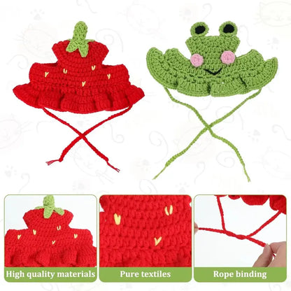 Handcrafted Knitted Frog-Shaped Pet Hats - Set of 4, Lightweight Polyester, Adjustable Straps, Full Coverage Warmth, Ideal for Small Cats, Perfect for Celebrations
