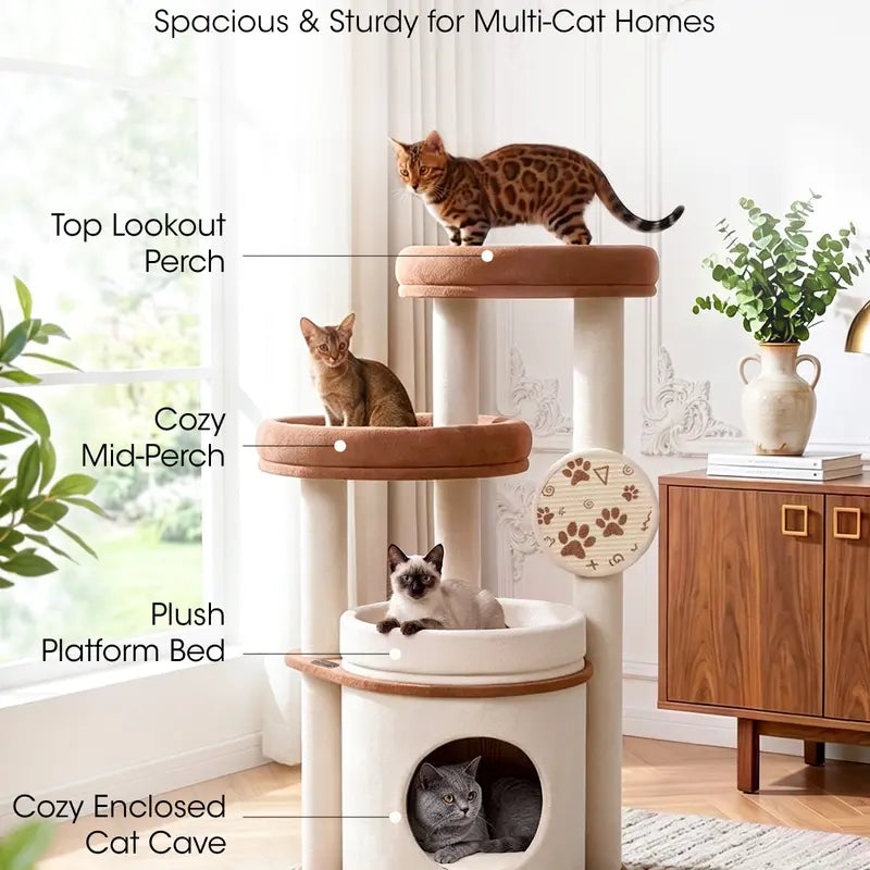 46-Inch Cat Tower for Large Breeds with Spacious Plush Perches, Cozy Condo, Scratching Pad, and Sturdy Base