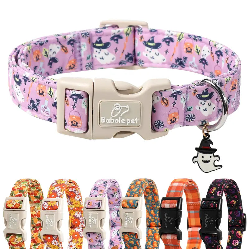 Spooky Theme Halloween Dog Collar - Lightweight Cotton, Adjustable, Leash Secure, Dangling Charm, Pumpkin Faces, Adjustable Collars, X-Small to Large Sizes