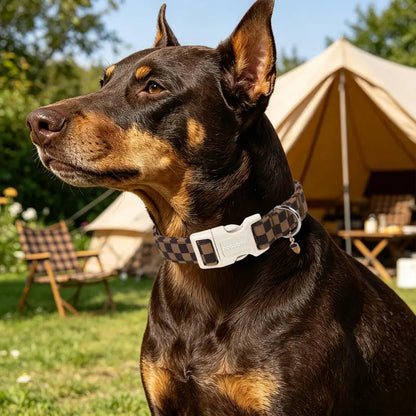 Adjustable Brown Checked Dog Collar - Soft Autumn Plaid Design for Small, Medium, and Large Breeds