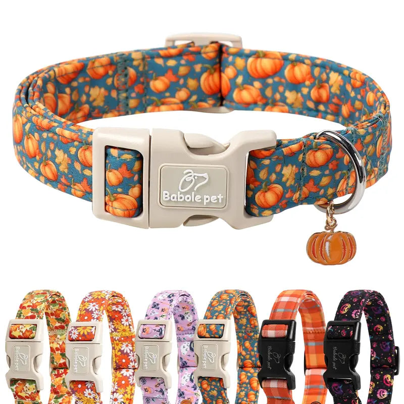 Spooky Theme Halloween Dog Collar - Lightweight Cotton, Adjustable, Leash Secure, Dangling Charm, Pumpkin Faces, Adjustable Collars, X-Small to Large Sizes