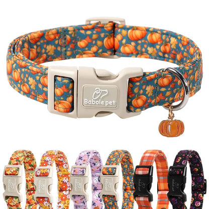 Spooky Theme Halloween Dog Collar - Lightweight Cotton, Adjustable, Leash Secure, Dangling Charm, Pumpkin Faces, Adjustable Collars, X-Small to Large Sizes