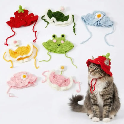 Handcrafted Knitted Frog-Shaped Pet Hats - Set of 4, Lightweight Polyester, Adjustable Straps, Full Coverage Warmth, Ideal for Small Cats, Perfect for Celebrations