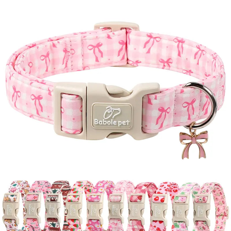 Spooky Theme Halloween Dog Collar - Lightweight Cotton, Adjustable, Leash Secure, Dangling Charm, Pumpkin Faces, Adjustable Collars, X-Small to Large Sizes