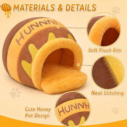 Humorous Honey Pot Cat Cave Bed - Cartoon Print Cotton Fabric Hideaway for Kittens, Honey Jar Design with Removable Plush Cushion for Indoor Small Cats