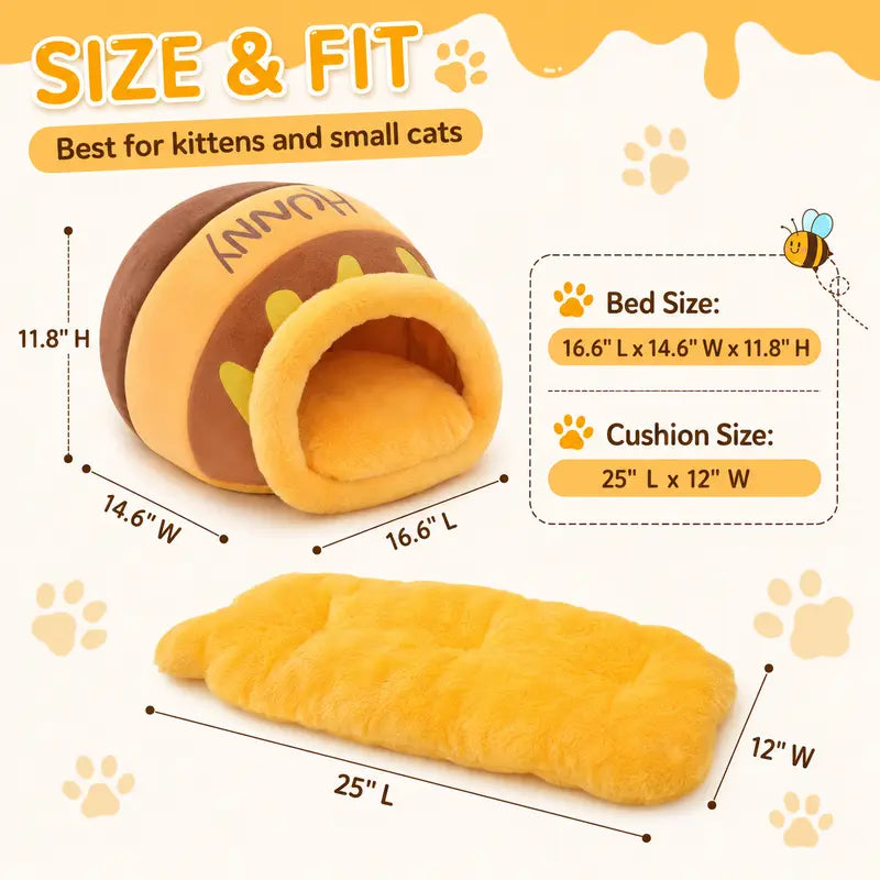 Humorous Honey Pot Cat Cave Bed - Cartoon Print Cotton Fabric Hideaway for Kittens, Honey Jar Design with Removable Plush Cushion for Indoor Small Cats