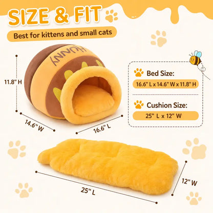 Humorous Honey Pot Cat Cave Bed - Cartoon Print Cotton Fabric Hideaway for Kittens, Honey Jar Design with Removable Plush Cushion for Indoor Small Cats