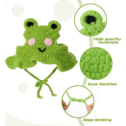 Handcrafted Knitted Frog-Shaped Pet Hats - Set of 4, Lightweight Polyester, Adjustable Straps, Full Coverage Warmth, Ideal for Small Cats, Perfect for Celebrations