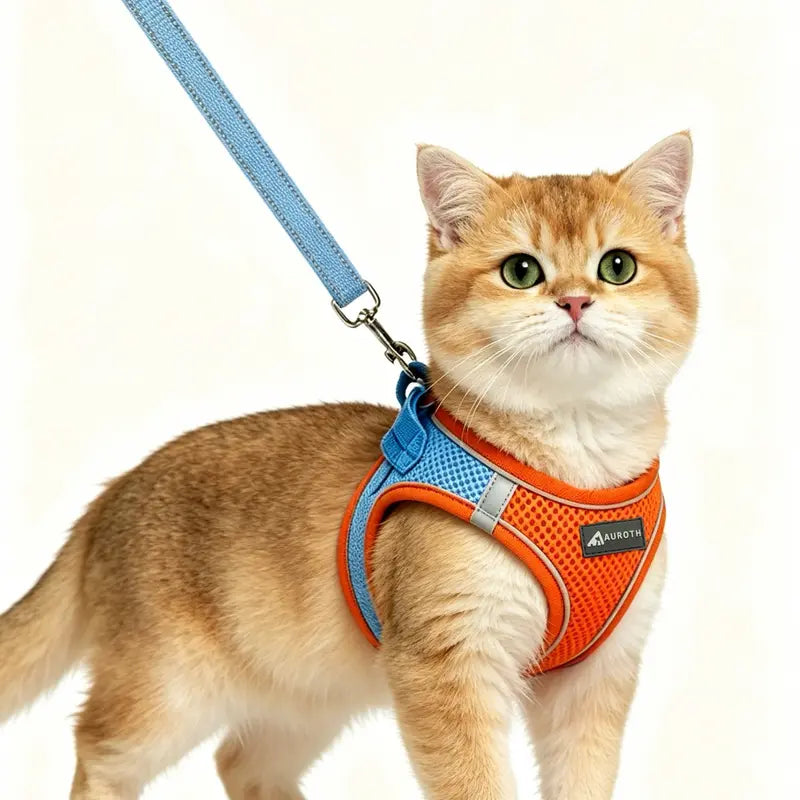 AUROTH Adjustable Step-In Harness and Leash Set for Cats and Small Puppies - Breathable Mesh, Lightweight Design, Padded for Comfort, Reflective Bands for Enhanced Safety