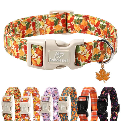 Spooky Theme Halloween Dog Collar - Lightweight Cotton, Adjustable, Leash Secure, Dangling Charm, Pumpkin Faces, Adjustable Collars, X-Small to Large Sizes