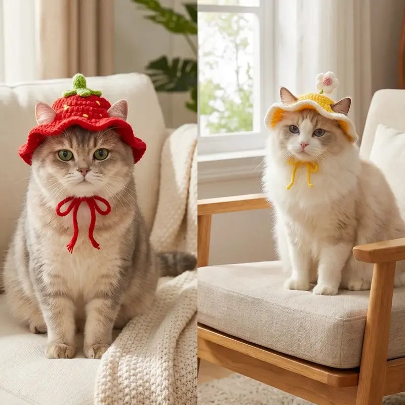 Handcrafted Knitted Frog-Shaped Pet Hats - Set of 4, Lightweight Polyester, Adjustable Straps, Full Coverage Warmth, Ideal for Small Cats, Perfect for Celebrations