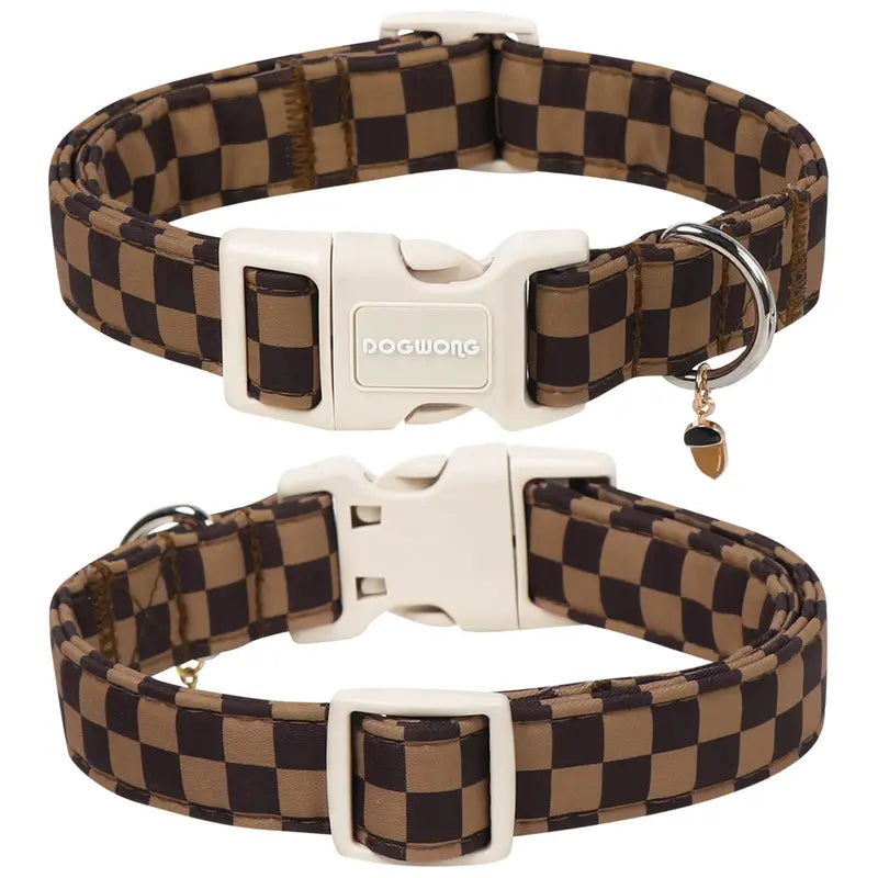 Adjustable Brown Checked Dog Collar - Soft Autumn Plaid Design for Small, Medium, and Large Breeds