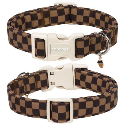 Adjustable Brown Checked Dog Collar - Soft Autumn Plaid Design for Small, Medium, and Large Breeds