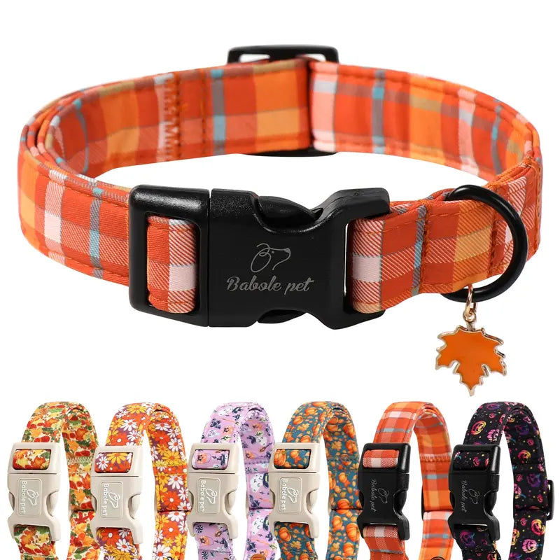 Spooky Theme Halloween Dog Collar - Lightweight Cotton, Adjustable, Leash Secure, Dangling Charm, Pumpkin Faces, Adjustable Collars, X-Small to Large Sizes