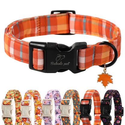 Spooky Theme Halloween Dog Collar - Lightweight Cotton, Adjustable, Leash Secure, Dangling Charm, Pumpkin Faces, Adjustable Collars, X-Small to Large Sizes