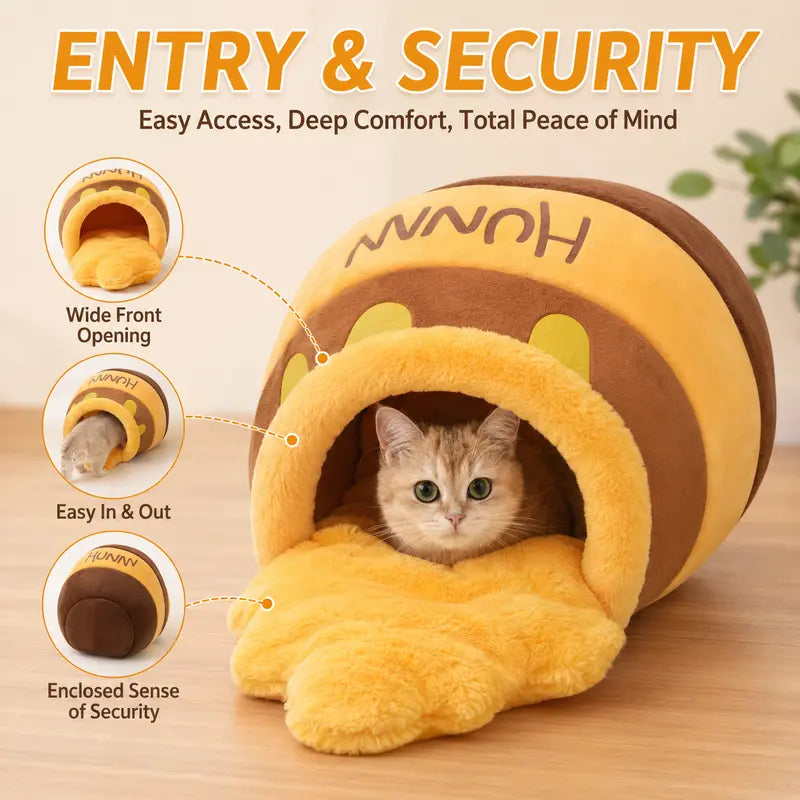 Humorous Honey Pot Cat Cave Bed - Cartoon Print Cotton Fabric Hideaway for Kittens, Honey Jar Design with Removable Plush Cushion for Indoor Small Cats