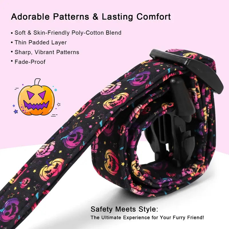 Spooky Theme Halloween Dog Collar - Lightweight Cotton, Adjustable, Leash Secure, Dangling Charm, Pumpkin Faces, Adjustable Collars, X-Small to Large Sizes