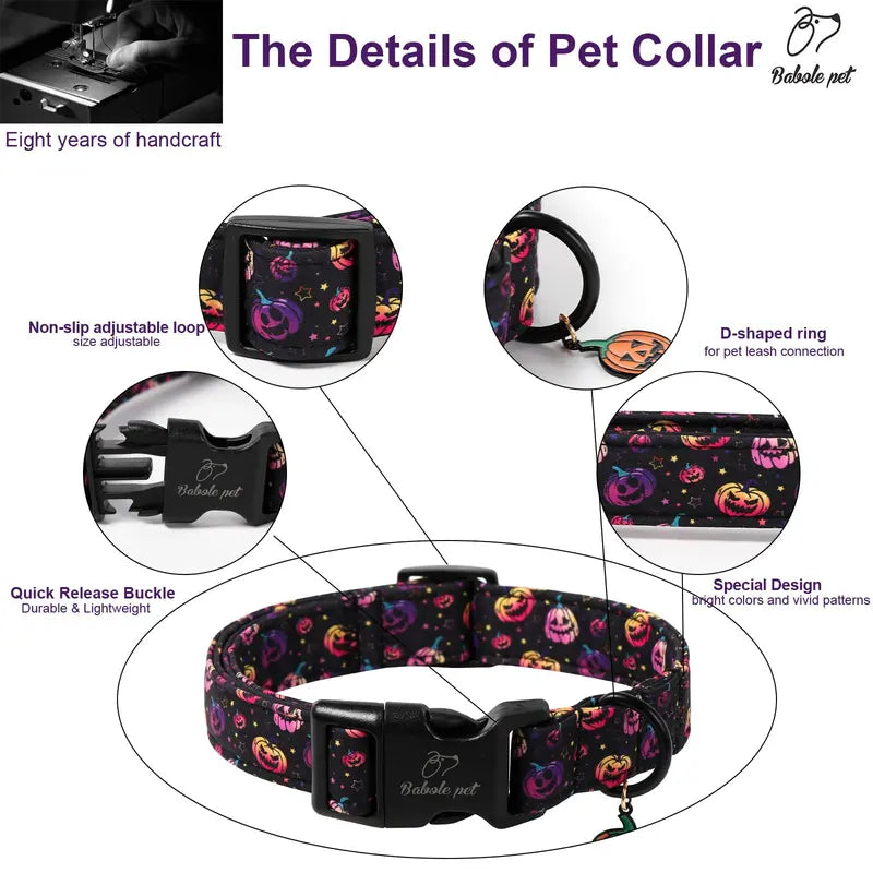 Spooky Theme Halloween Dog Collar - Lightweight Cotton, Adjustable, Leash Secure, Dangling Charm, Pumpkin Faces, Adjustable Collars, X-Small to Large Sizes