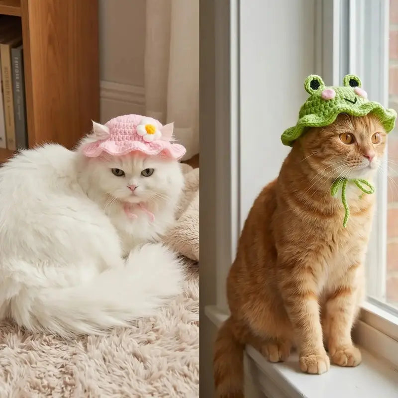 Handcrafted Knitted Frog-Shaped Pet Hats - Set of 4, Lightweight Polyester, Adjustable Straps, Full Coverage Warmth, Ideal for Small Cats, Perfect for Celebrations