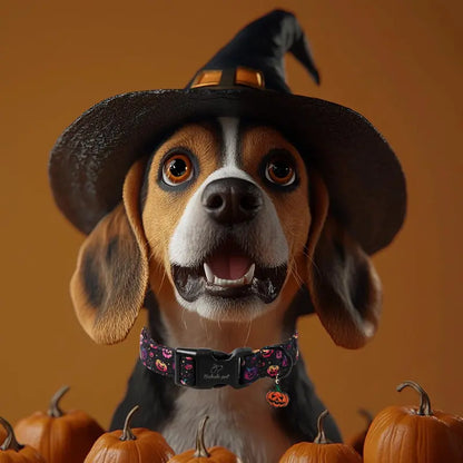 Spooky Theme Halloween Dog Collar - Lightweight Cotton, Adjustable, Leash Secure, Dangling Charm, Pumpkin Faces, Adjustable Collars, X-Small to Large Sizes