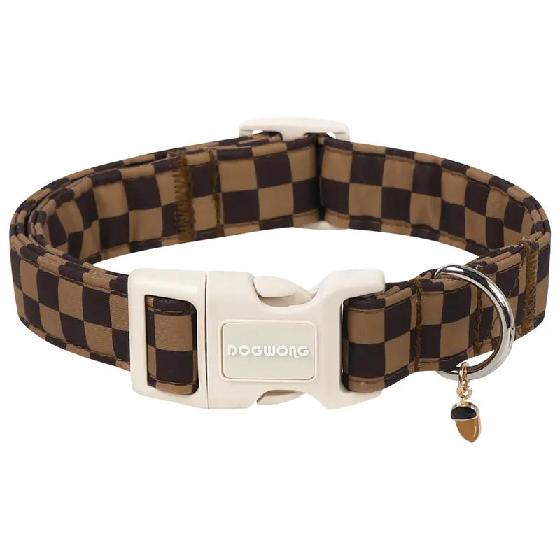 Adjustable Brown Checked Dog Collar - Soft Autumn Plaid Design for Small, Medium, and Large Breeds