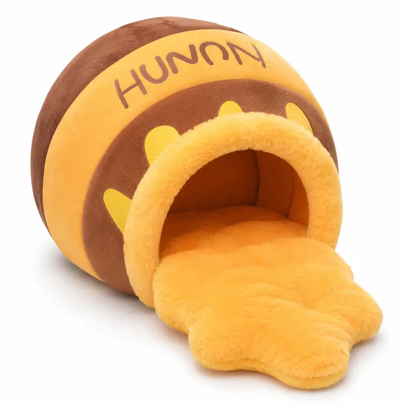 Humorous Honey Pot Cat Cave Bed - Cartoon Print Cotton Fabric Hideaway for Kittens, Honey Jar Design with Removable Plush Cushion for Indoor Small Cats