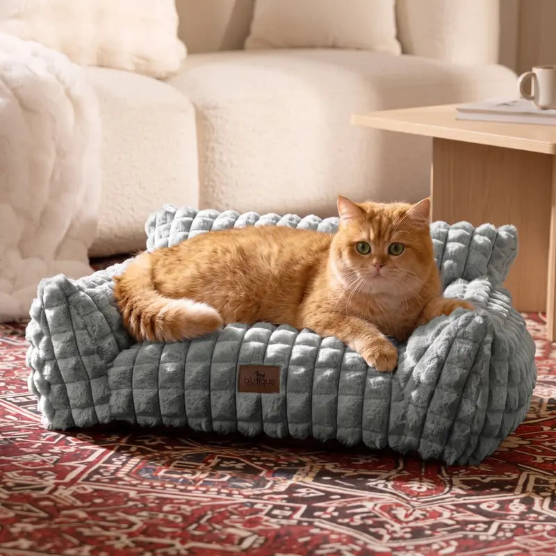 Blunique Modern 3D Diamond Textured Kitten Bed - 24-Inch Geometric Pet Couch with Faux Rabbit Fur, Sturdy 3-Sided Support Cushion, Non-Skid Base, and Removable Machine-Washable Cover
