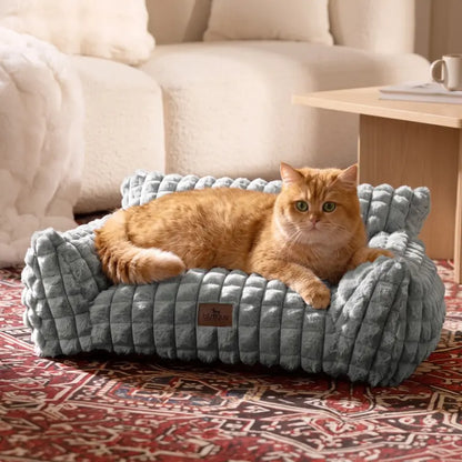 Blunique Modern 3D Diamond Textured Kitten Bed - 24-Inch Geometric Pet Couch with Faux Rabbit Fur, Sturdy 3-Sided Support Cushion, Non-Skid Base, and Removable Machine-Washable Cover