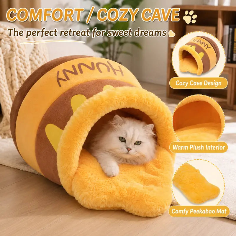 Humorous Honey Pot Cat Cave Bed - Cartoon Print Cotton Fabric Hideaway for Kittens, Honey Jar Design with Removable Plush Cushion for Indoor Small Cats