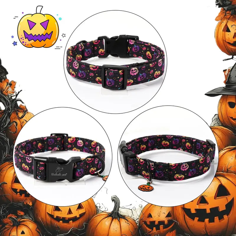 Spooky Theme Halloween Dog Collar - Lightweight Cotton, Adjustable, Leash Secure, Dangling Charm, Pumpkin Faces, Adjustable Collars, X-Small to Large Sizes