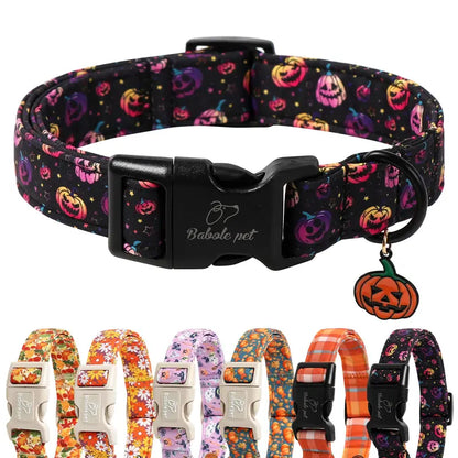 Spooky Theme Halloween Dog Collar - Lightweight Cotton, Adjustable, Leash Secure, Dangling Charm, Pumpkin Faces, Adjustable Collars, X-Small to Large Sizes