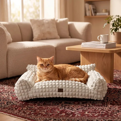 Blunique Modern 3D Diamond Textured Kitten Bed - 24-Inch Geometric Pet Couch with Faux Rabbit Fur, Sturdy 3-Sided Support Cushion, Non-Skid Base, and Removable Machine-Washable Cover