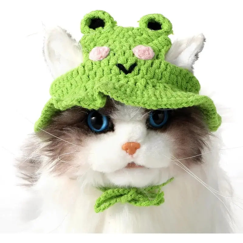 Handcrafted Knitted Frog-Shaped Pet Hats - Set of 4, Lightweight Polyester, Adjustable Straps, Full Coverage Warmth, Ideal for Small Cats, Perfect for Celebrations