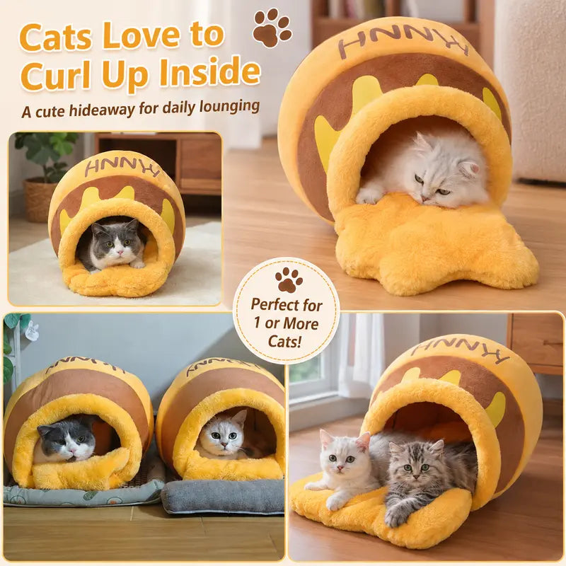 Humorous Honey Pot Cat Cave Bed - Cartoon Print Cotton Fabric Hideaway for Kittens, Honey Jar Design with Removable Plush Cushion for Indoor Small Cats