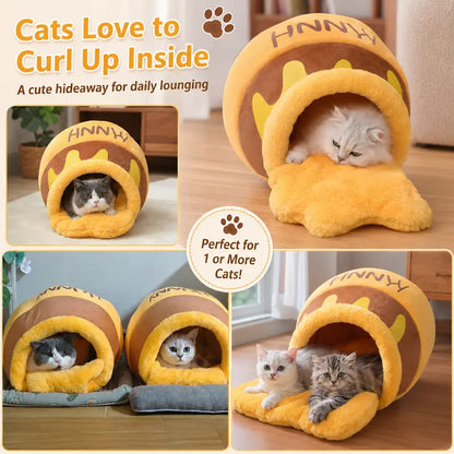 Humorous Honey Pot Cat Cave Bed - Cartoon Print Cotton Fabric Hideaway for Kittens, Honey Jar Design with Removable Plush Cushion for Indoor Small Cats